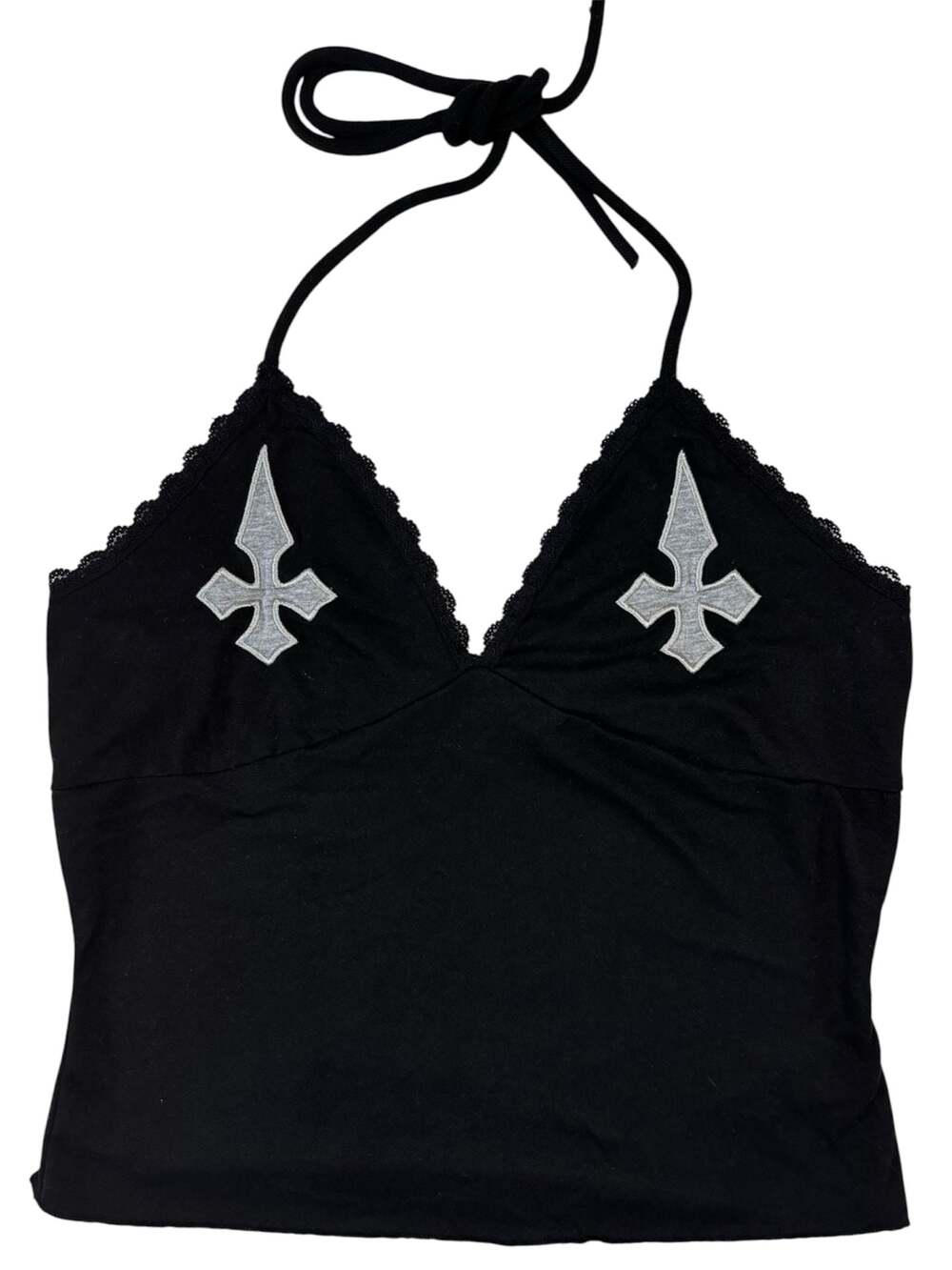 ROMWE Black Cross Patch Lace Trim Halter Top Size S